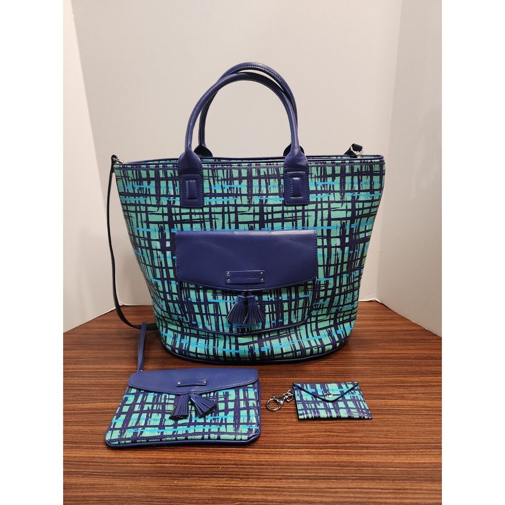 Vera Bradley Set Tassel Tote Purse &‎ Wallet & Coin Teal/Navy Blue Art Plaid
